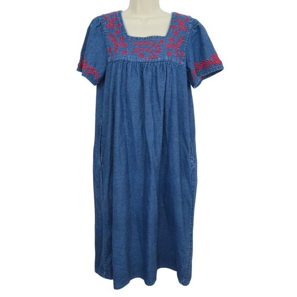 Loungees Womens Small Red Embroidered Flower Chambray House Dress Nightgown PJs - Picture 1 of 8